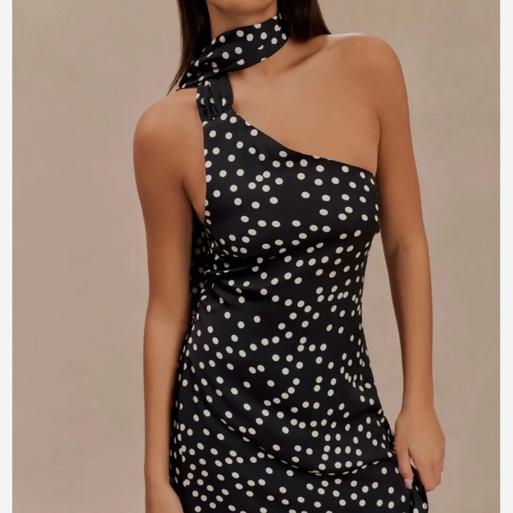 Meshki Black and White Polka Dot Asymmetrical One-Shoulder Dress